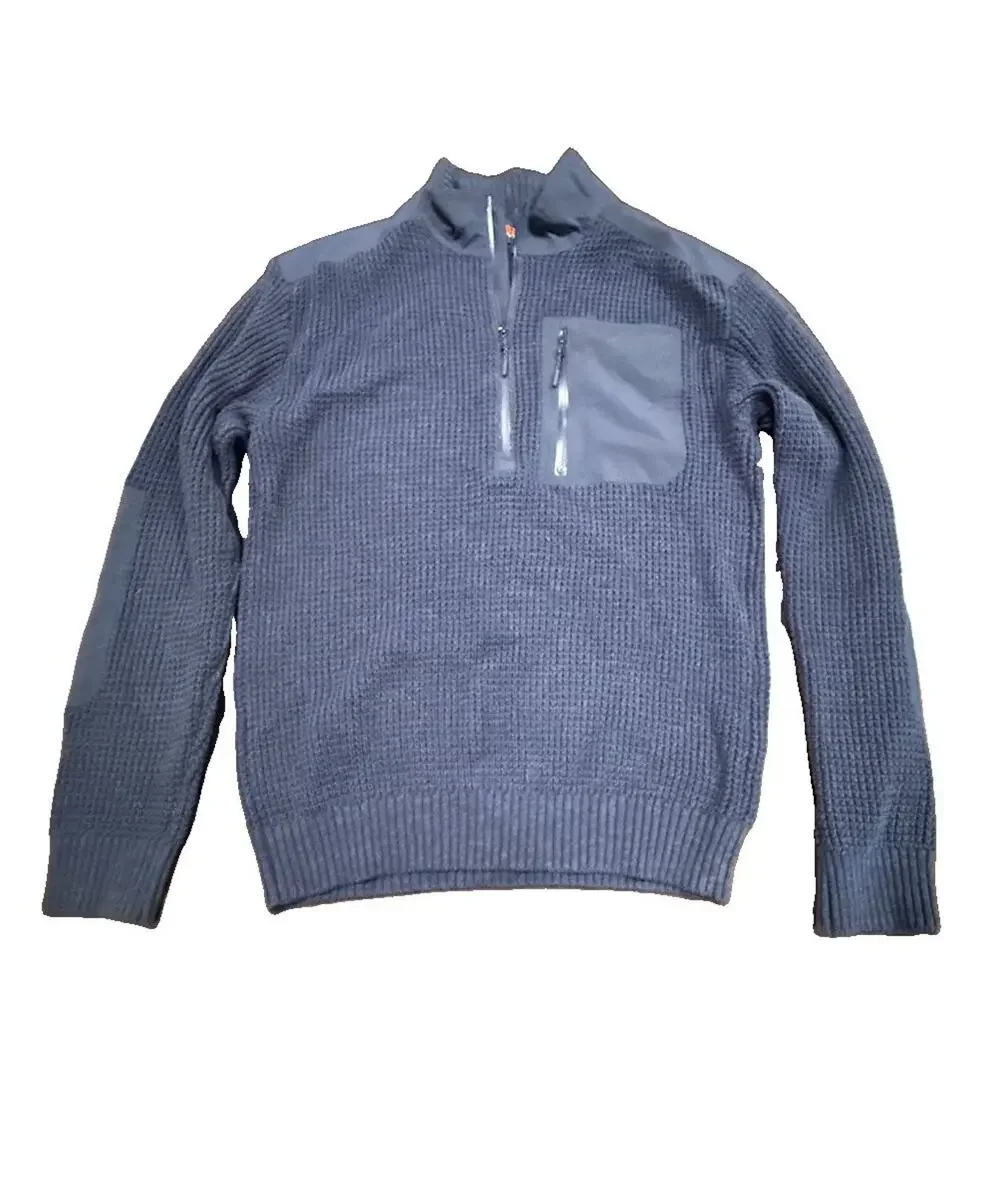 Bass Outdoor Mens M Quarter Zip Waffle Knit Sweater Pullover Navy Blue Pocket